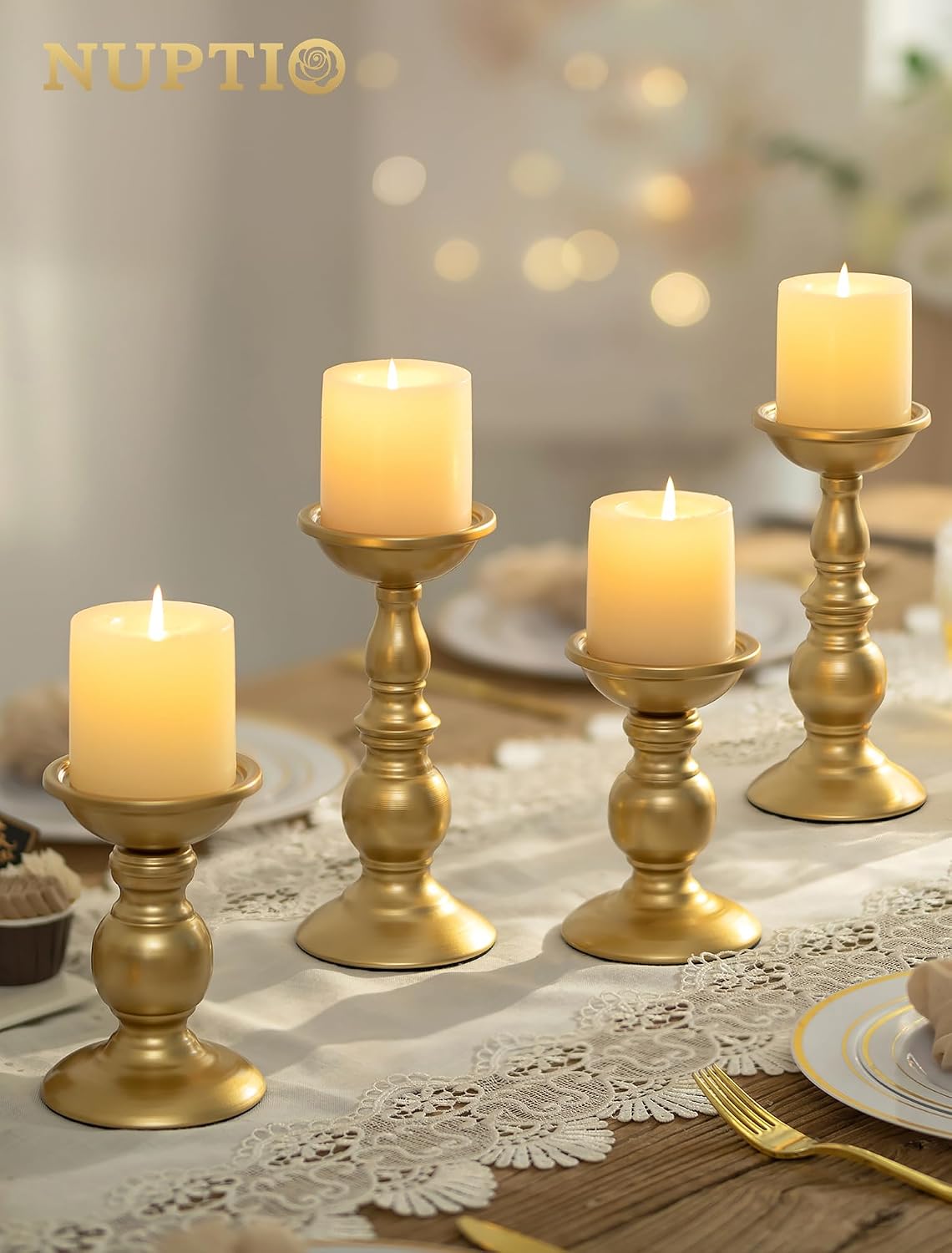 Set of 2 Gold Metal Pillar Candle Holders for 3 inches Dia Candle, Wedding Centerpieces Candlestick Holders Stand