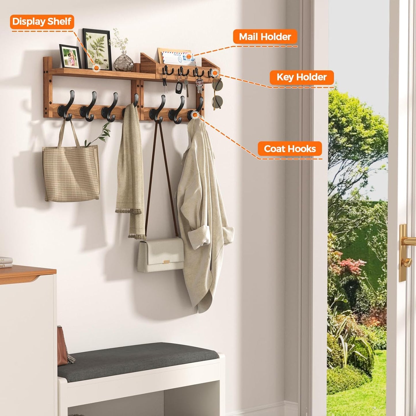 11 Hooks / Coat Rack Wall Mount / Brown / 29 Inch / 4 Inch