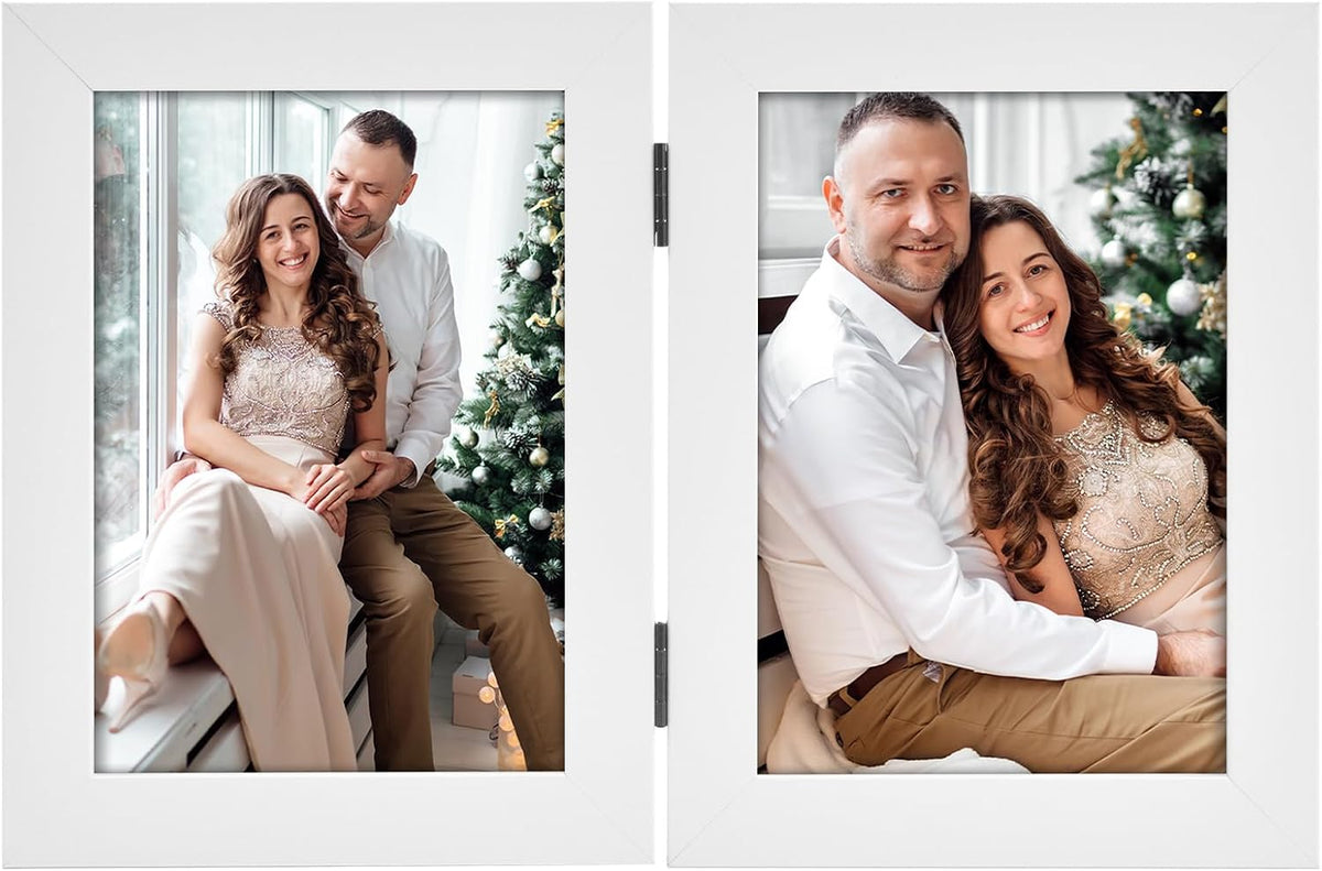 Frametory, 5x7 Double Picture Frame White, 10 Pack | Real Glass Front, Hinged 2 Photos Collage, Side by Side Standing