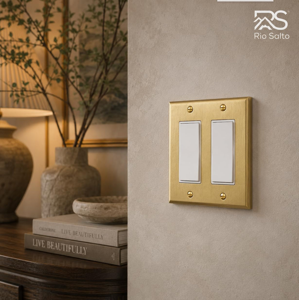 Rio Salto MIDSIZE BRASS Signature Collection Decorative Brushed Brass Gold Metal Outlet Covers, Light Switch Cover