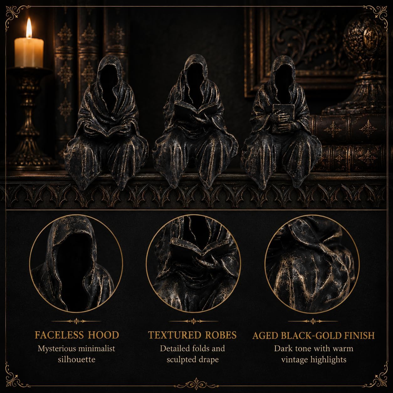 Gothic Grim Reaper Statue / Black Gold / Set of 3