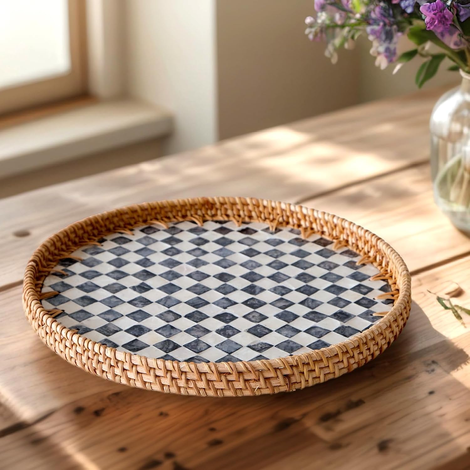 Round Rattan Tray / Checkerboard / Set of 12