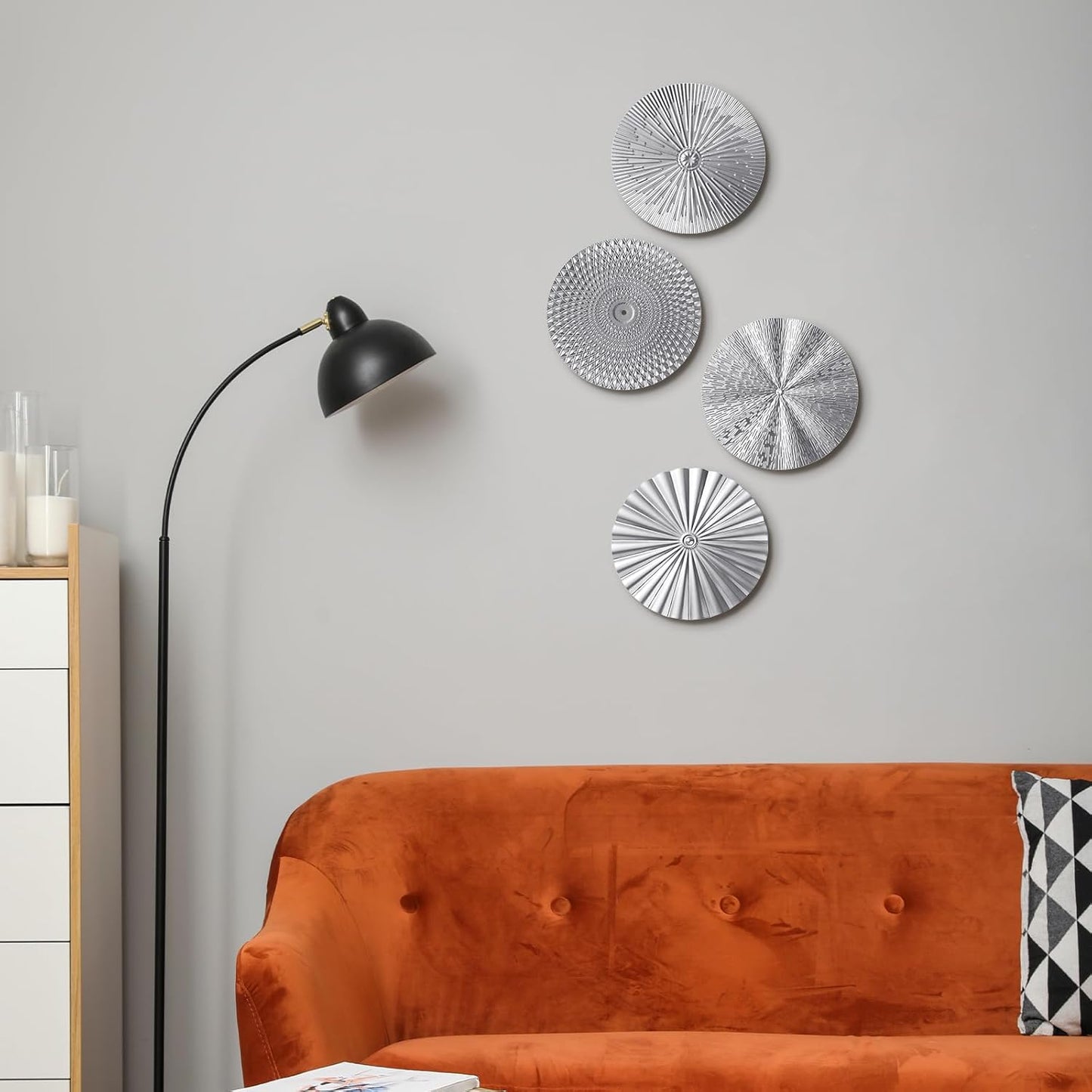 Metal Wall Art Decor Modern Sunburst Hanging Artwork Decor Wall / Silver / 12 Inch / Set of 4