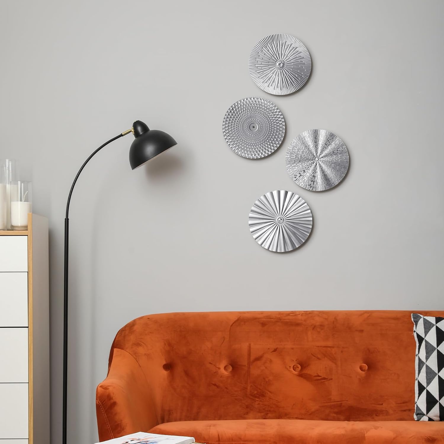 Metal Wall Art Decor Modern Sunburst Hanging Artwork Decor Wall / Silver / 12 Inch / Set of 4
