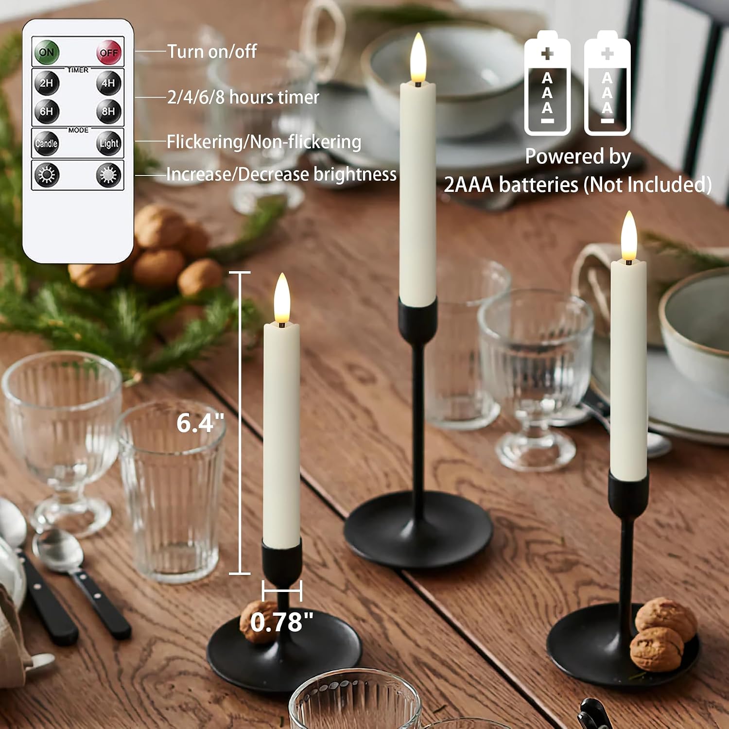 Battery Operated Flameless Taper Candles with Two Remote Timer, 6.4" LED 3D-Wick Window Candles, Flickering