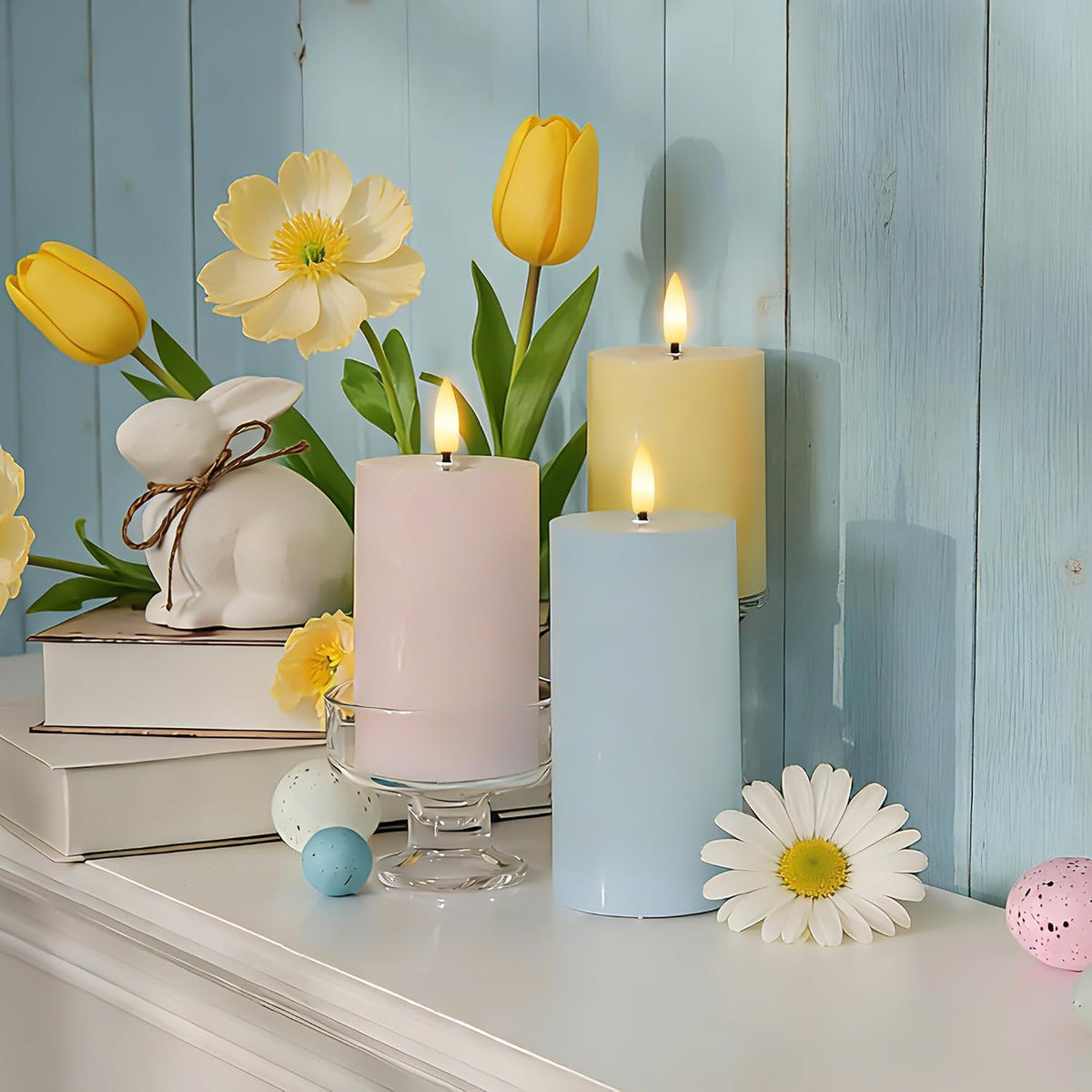 Flameless Easter Candles with Remote, Battery Operated Spring Candles | Pastel Realistic Flickering LED Pillar Candles