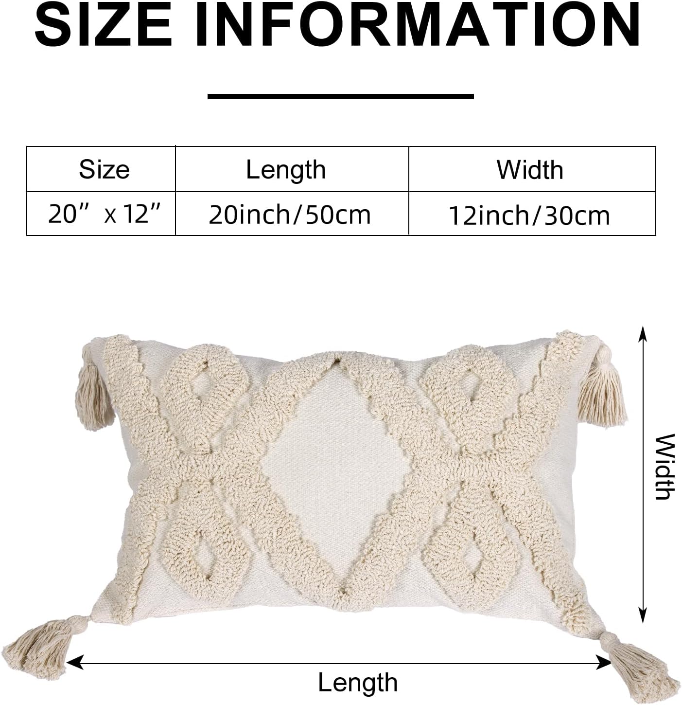 Boho Tufted Lumbar Throw Pillow Cover / Beige / 12 x 20