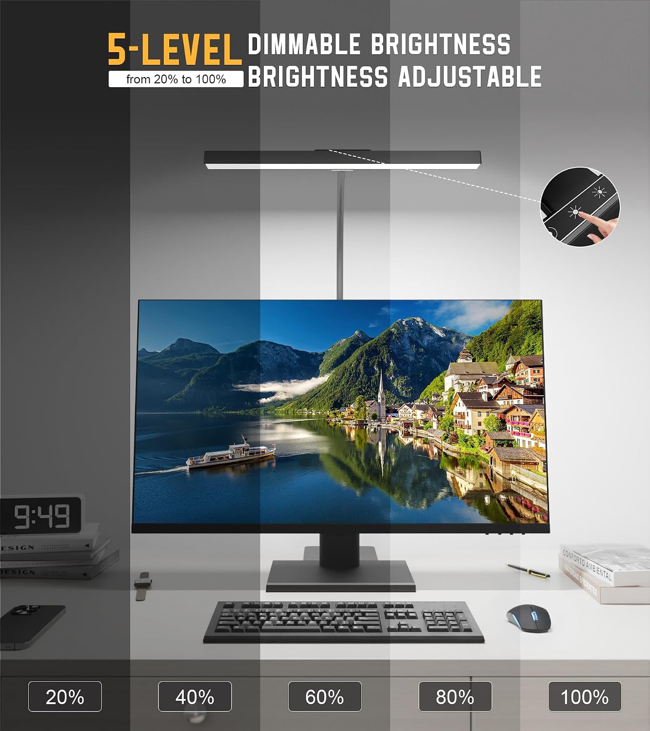 LED Desk Lamp for Home Office with Base, Eye-Caring Desk Light 12W, Black | Tall Lamp for Computer Monitor Task