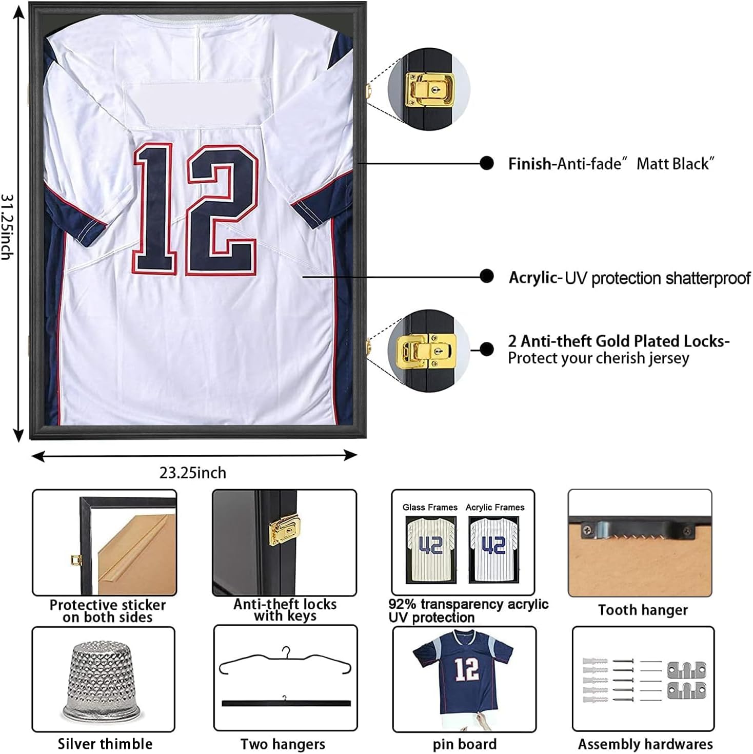 Sports Jersey Frame Display case for 2XL Football Jersey Display，3PC | Matte black wood frame, UV shatterproof acrylic