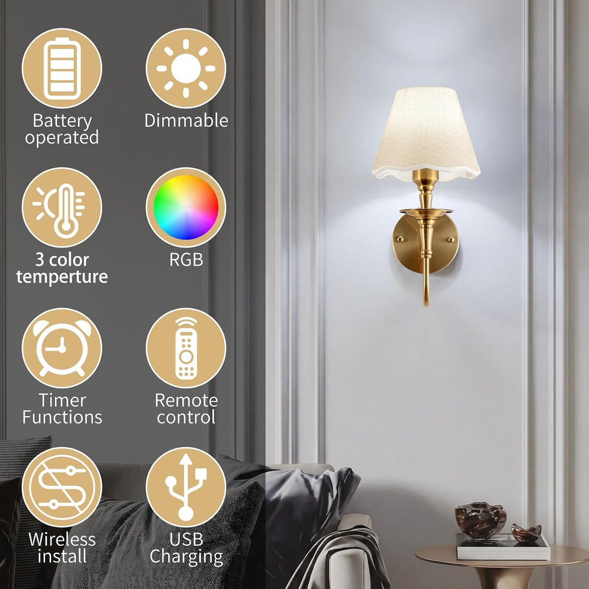 Battery Operated Wall Sconces Set of 2, Rattan Wall Sconce with RGB Rechargeable Dimmable Bulbs, Brass-Color Wireless