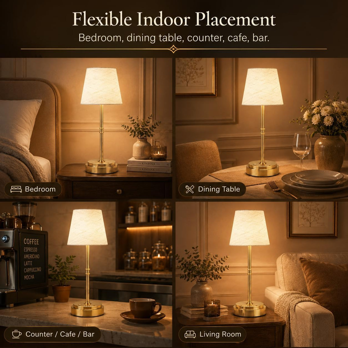Rechargeable Cordless Table Lamp, Battery Operated Bedside Lamp, Gold | 6000mAh, 4H charge, 12-36H runtime, 2500K warm
