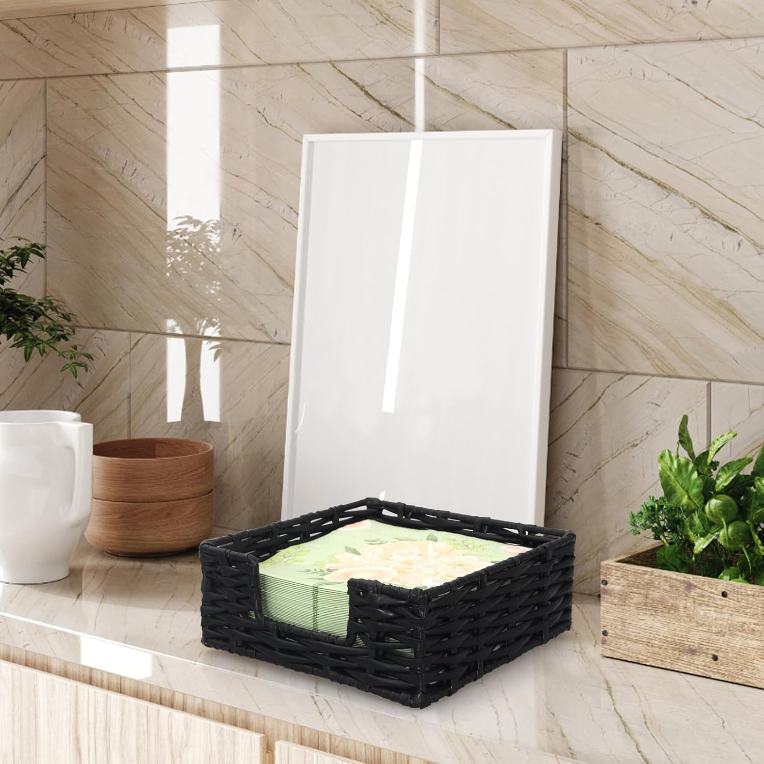 Square Cocktail Napkin Holder Rattan Napkin Holders / Large / Black