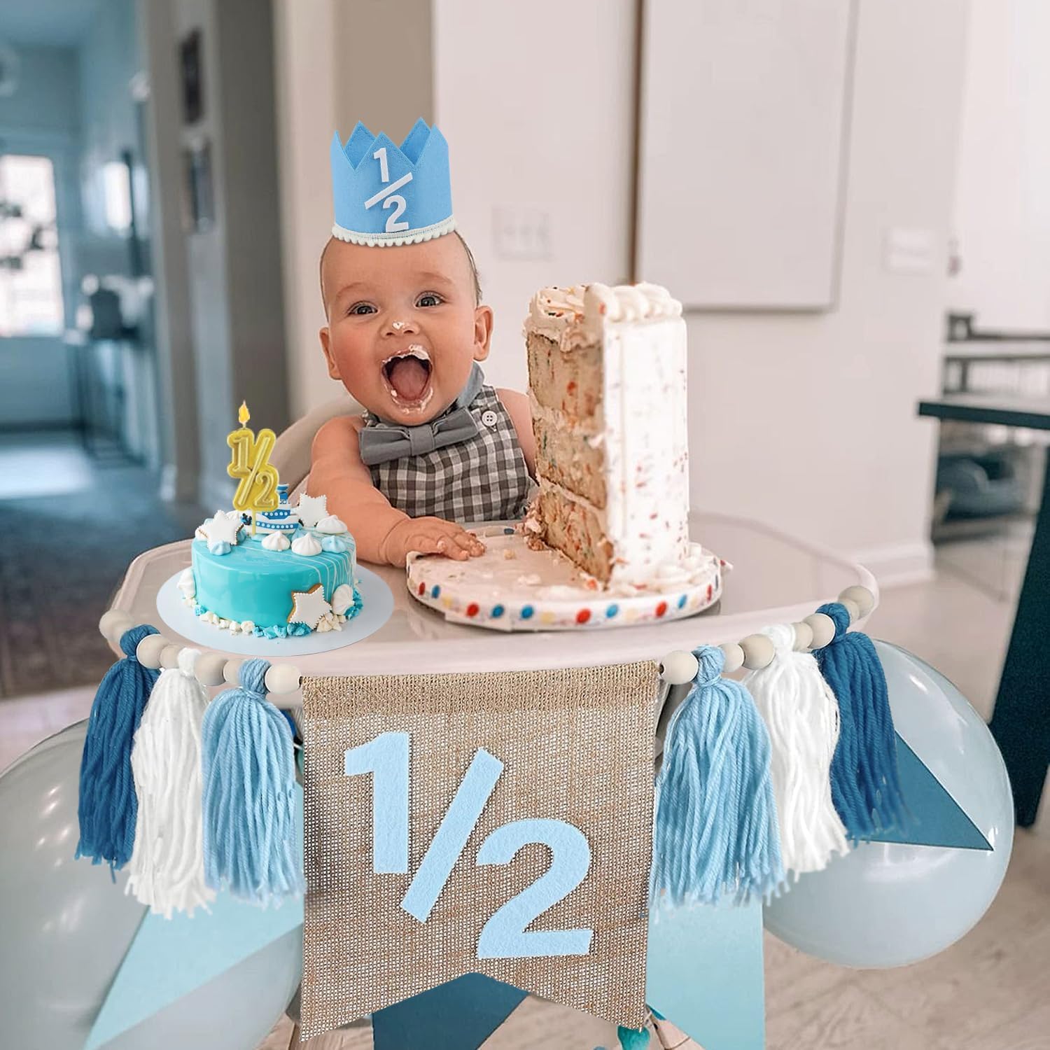 6 Month Girl Tassel Wood Bead Highchair Garland Blue / Blue, Beige