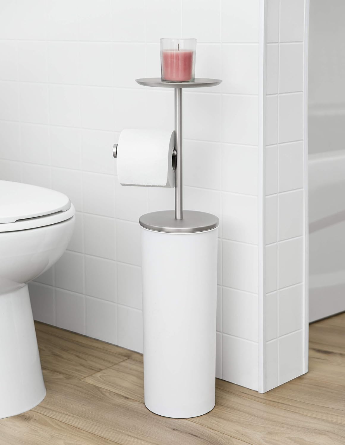 Umbra Portaloo Toilet Paper Stand, Freestanding with Storage, White/Nickel | Steel construction, built-in tray, holds