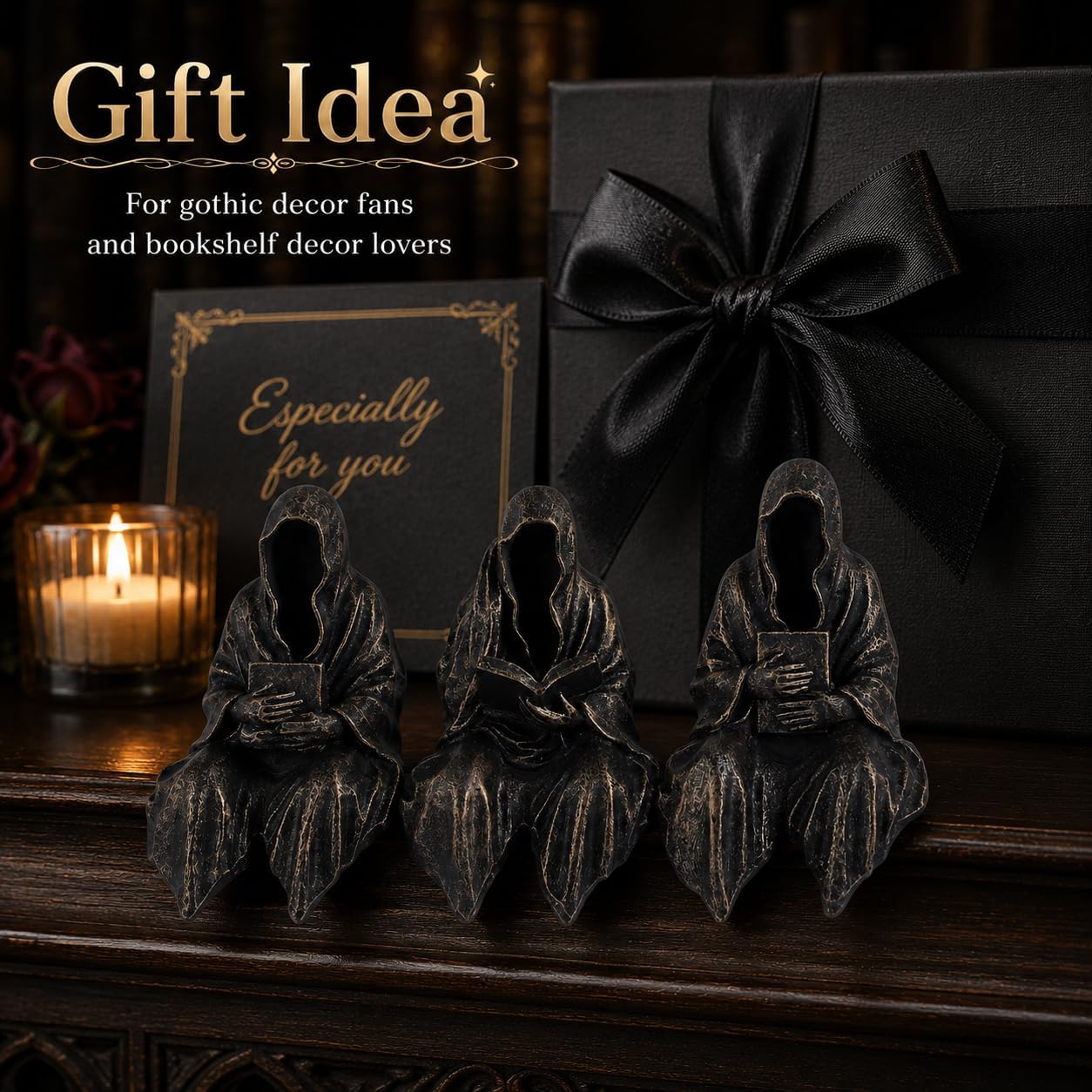 Gothic Grim Reaper Statue / Black Gold / Set of 3