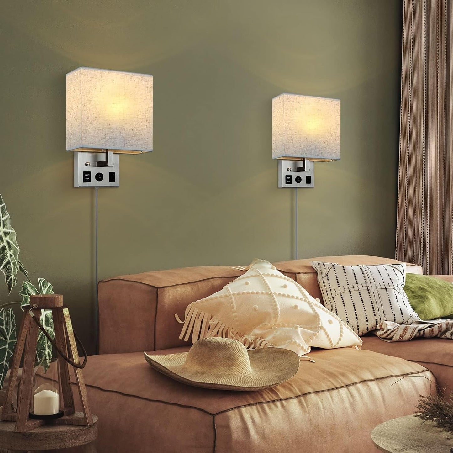 YBING Bedside Wall Lamp Plug in Cord Set of 2, Plug in Wall Sconce Nightstand Wall Lights with Dual USB Ports and AC