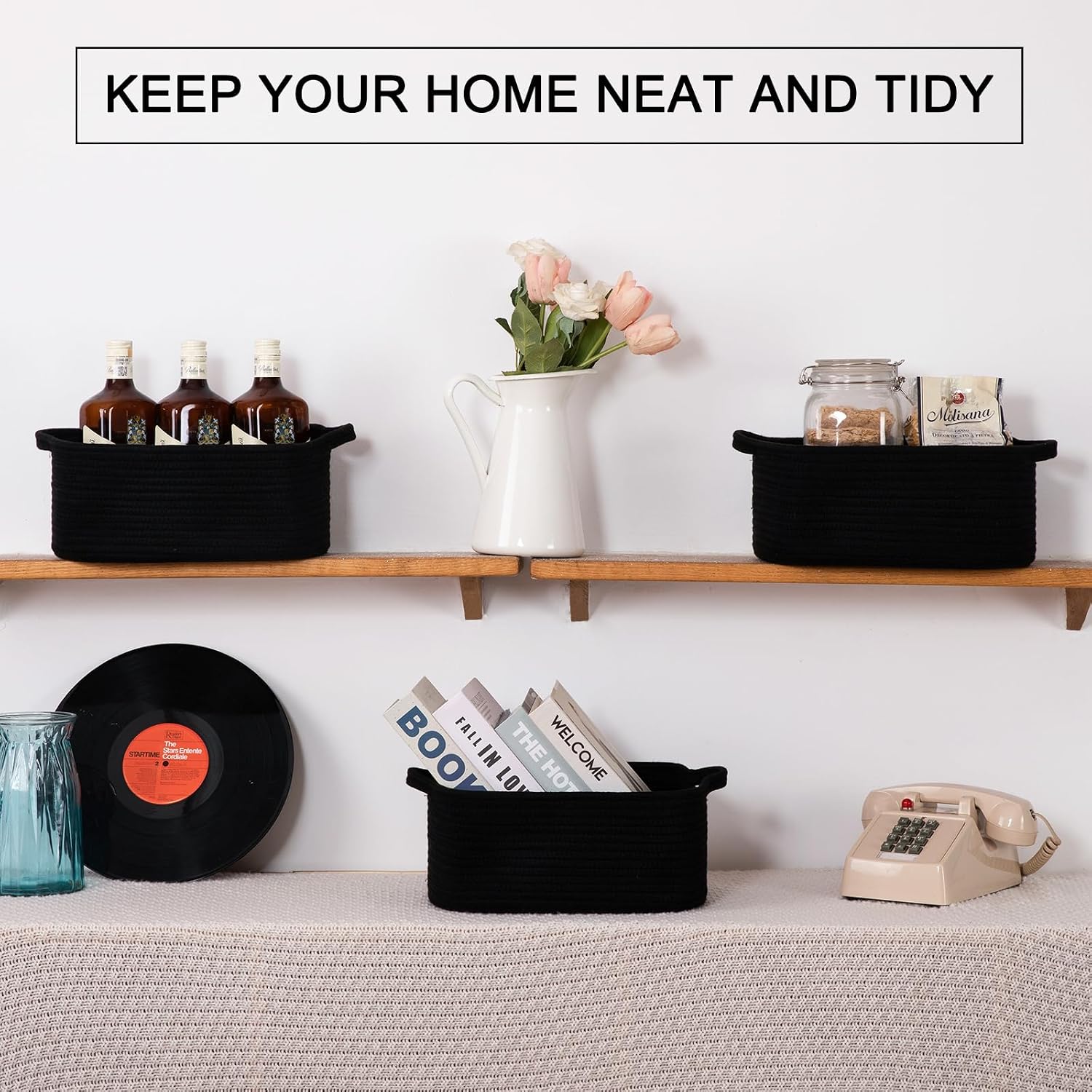 Cotton Rope Woven Baskets for Storage / Black / Set of 3