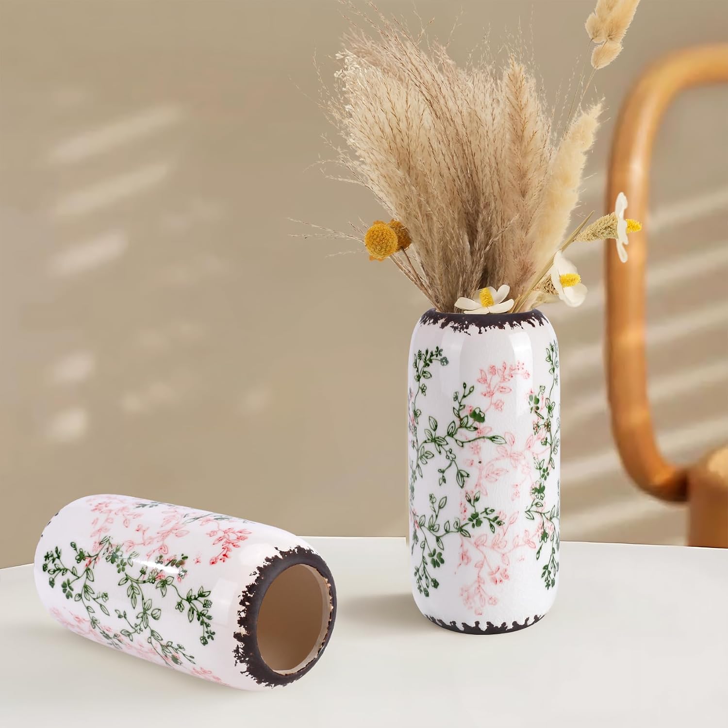 Ceramic Vase for Flowers / Green and Beige