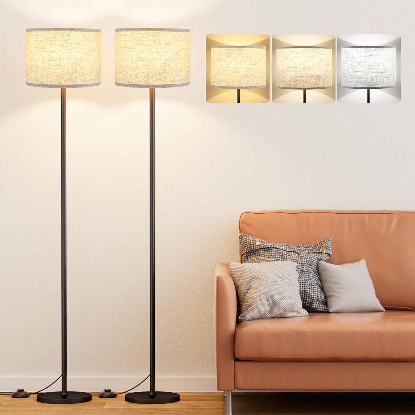 Ambimall 60'' Modern Floor Lamp Set of 2, 2PK Tall Lamps for Living Room Bedroom, Beige Shade with Black Pole(Without