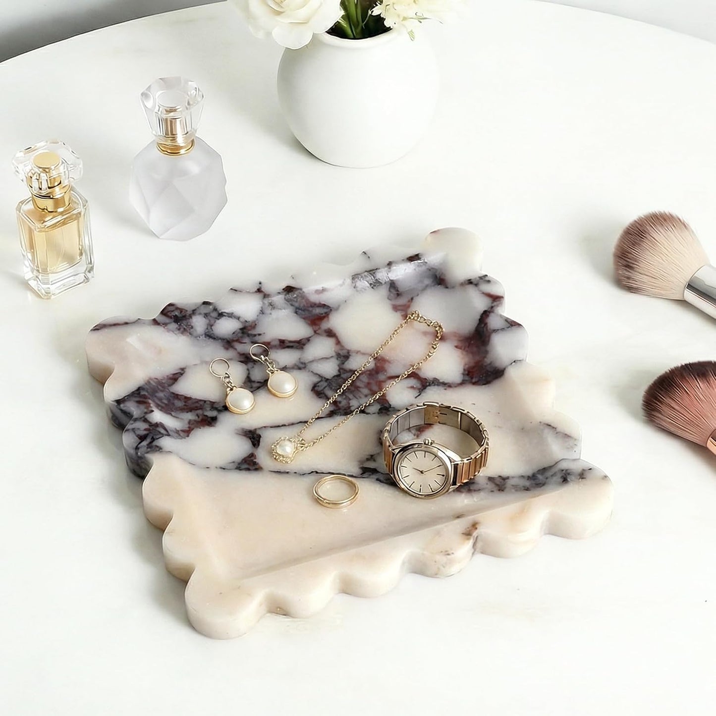 Scalloped Square Marble Decorative Tray / Calacatta Viola / Natural