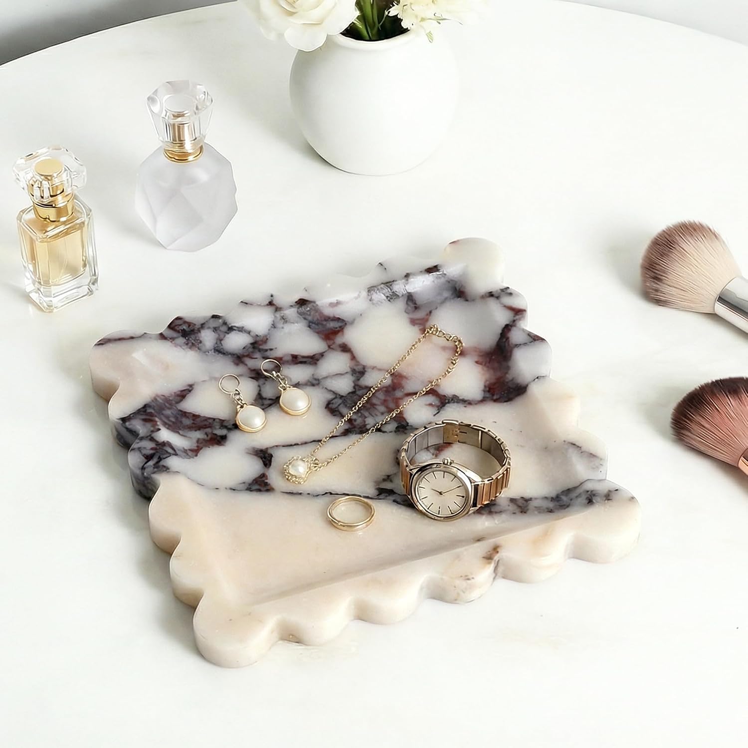 Scalloped Square Marble Decorative Tray / Calacatta Viola / Natural