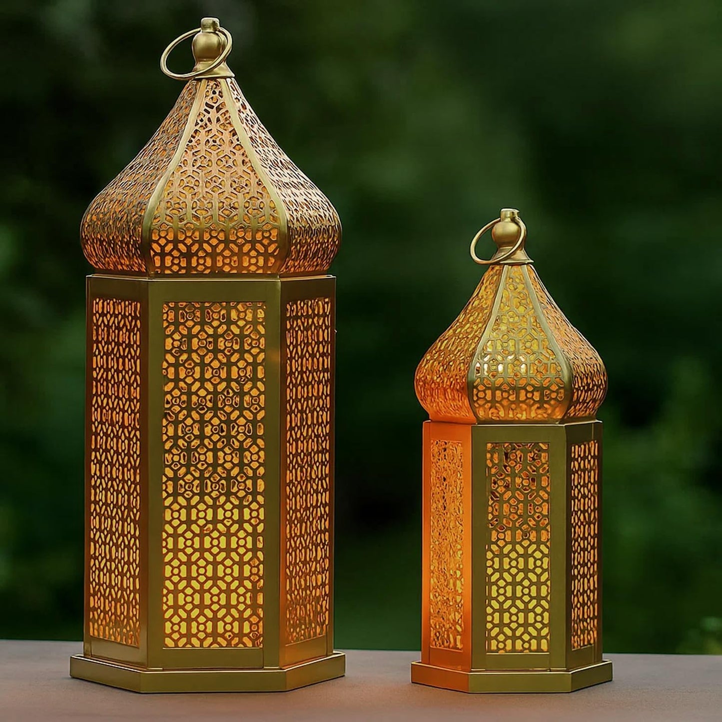 Vela Lanterns Decorative Indoor Gold Moroccan Temple Lanterns, Set of 2 | Ramadan Decorations for Home, Eid Islamic