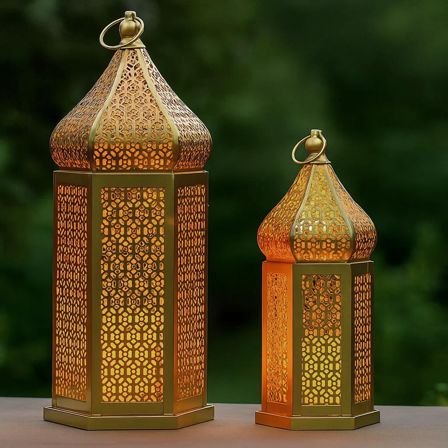 Vela Lanterns Decorative Indoor Gold Moroccan Temple Lanterns, Set of 2 | Ramadan Decorations for Home, Eid Islamic