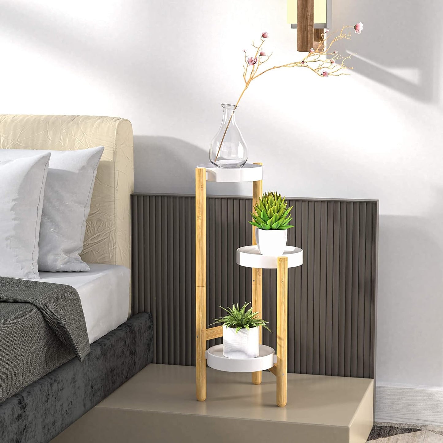 Wisuce Bamboo Plant Stand Indoor, 3 Tier Tall Corner Plant Shelf Table | Easy-Clean Steel Top | Smooth Bamboo | Narrow