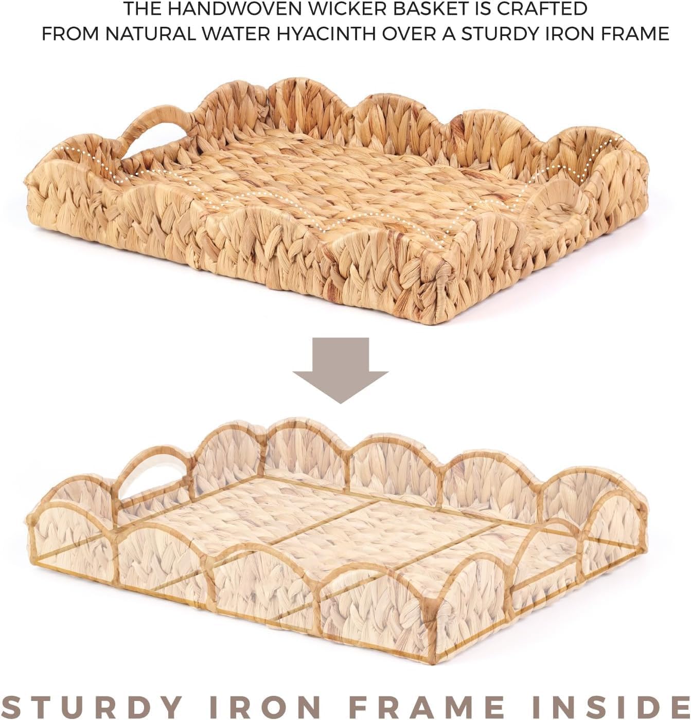 Scalloped Water Hyacinth Tray / Light Brown / 17 x 13 x 3