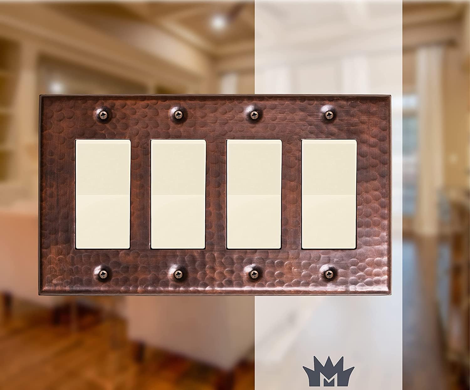Monarch Abode Rocker Light Switch Cover Plate – 4-Gang Pure Copper Decorator Wall Plates, Hand Hammered Decorative
