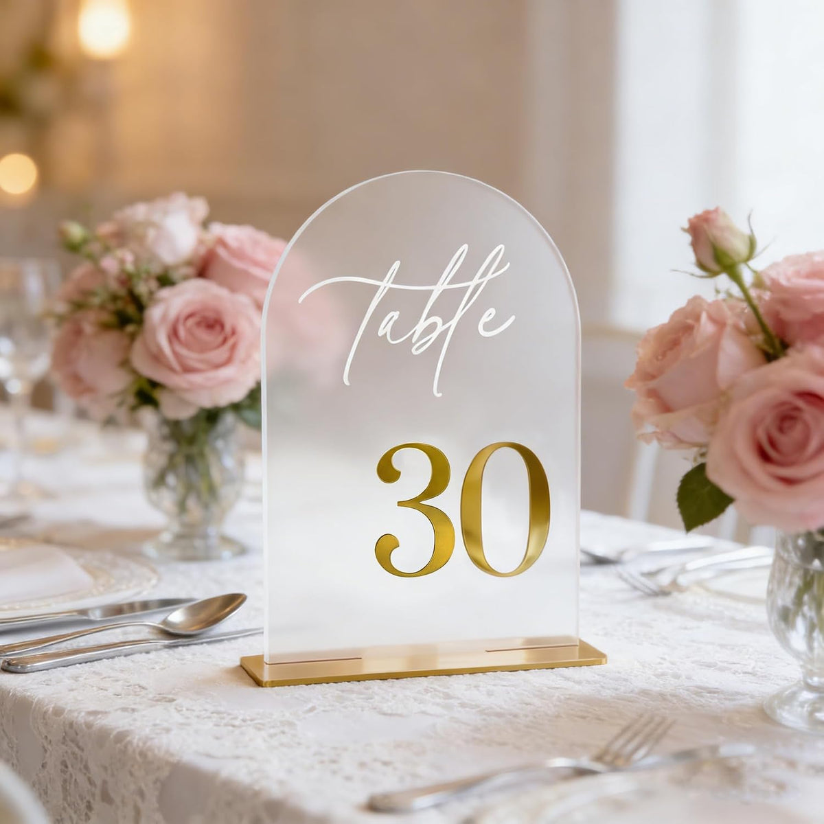 Frosted Wedding Table Numbers 1-30 with Stands - 5.5x7 Inch | Arch table Signs, Non-reflective, Elegant Gold 3D