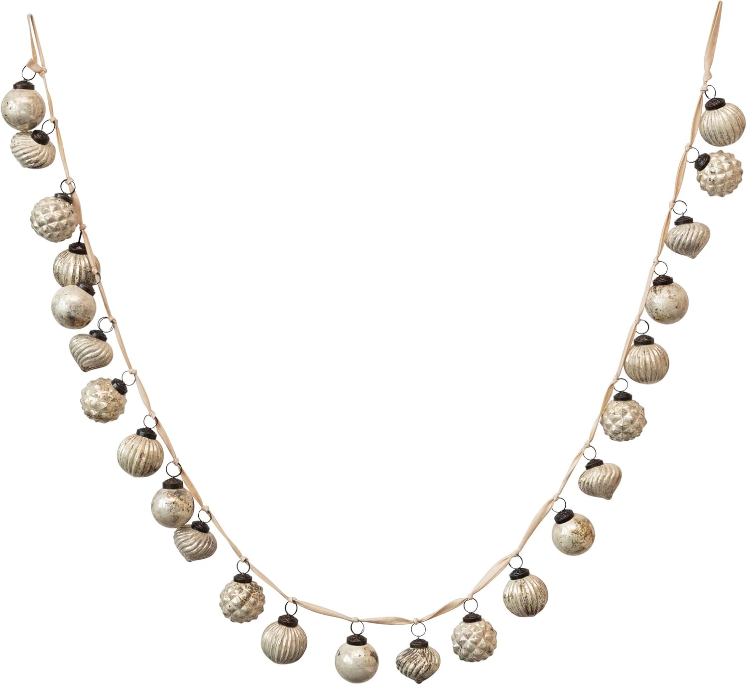 Creative Co-Op Embossed Mercury Glass Ball Ornament Garland, Distressed Matte Cream