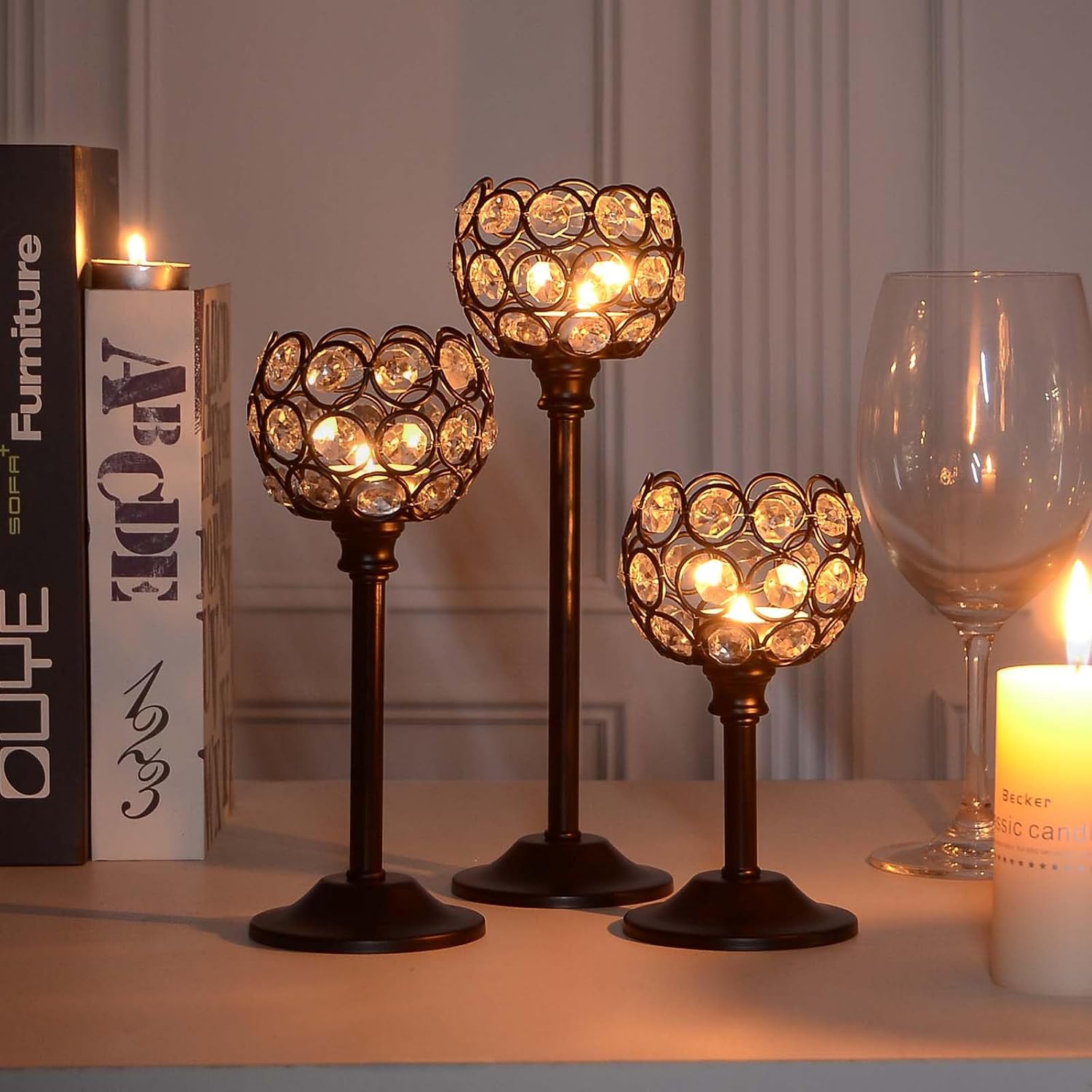 6pcs Crystal Candle Holder Set, 3 Sizes Tealight Candlestick Holders, Elegant Black Candelabra Bulk for Wedding Table