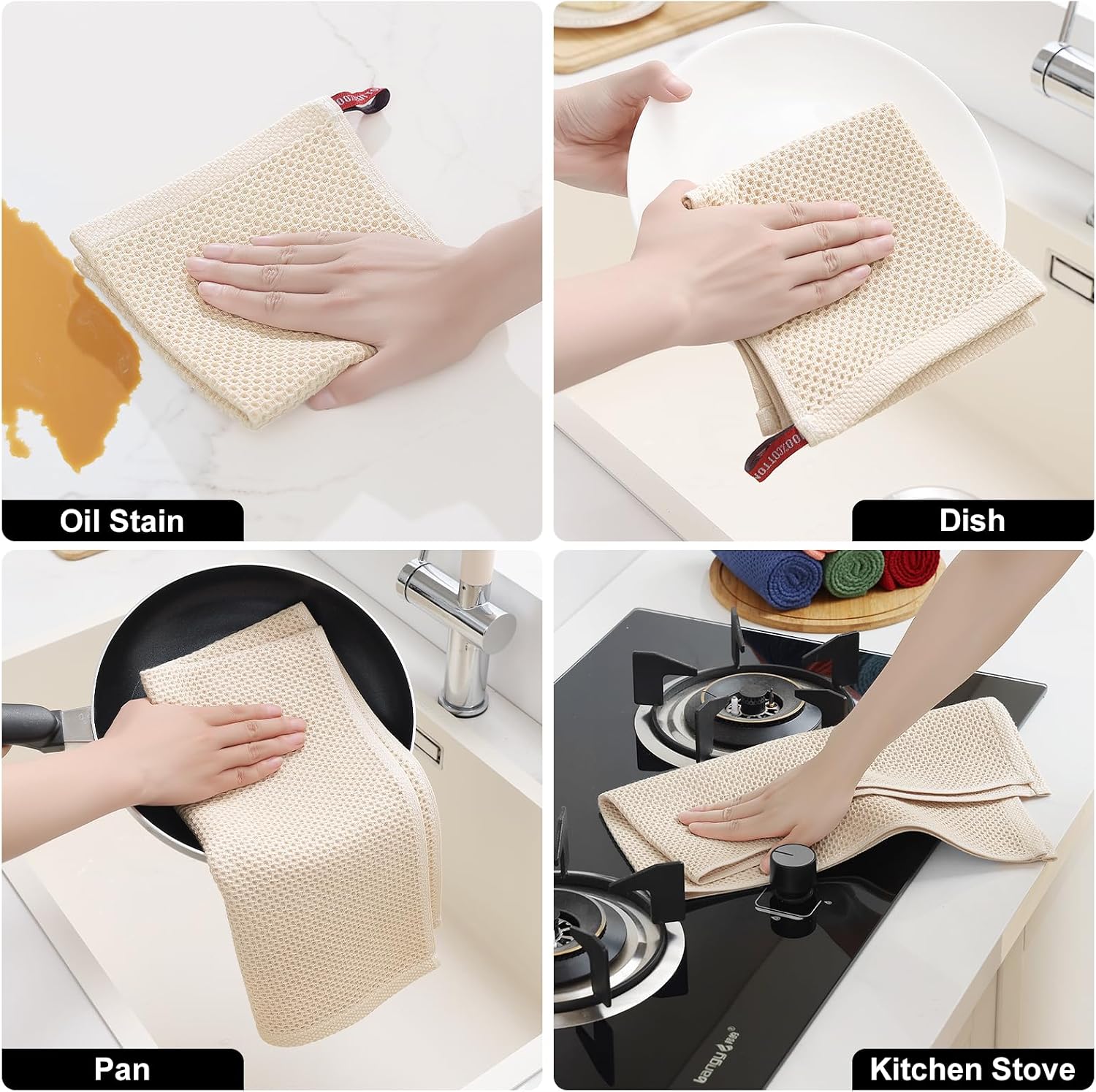 Homaxy 12 Pack 100% Cotton Kitchen Towels and Dishcloths Set, Beige | 12 x 12 Inches and 13 x 28 Inches Kitchen Towels