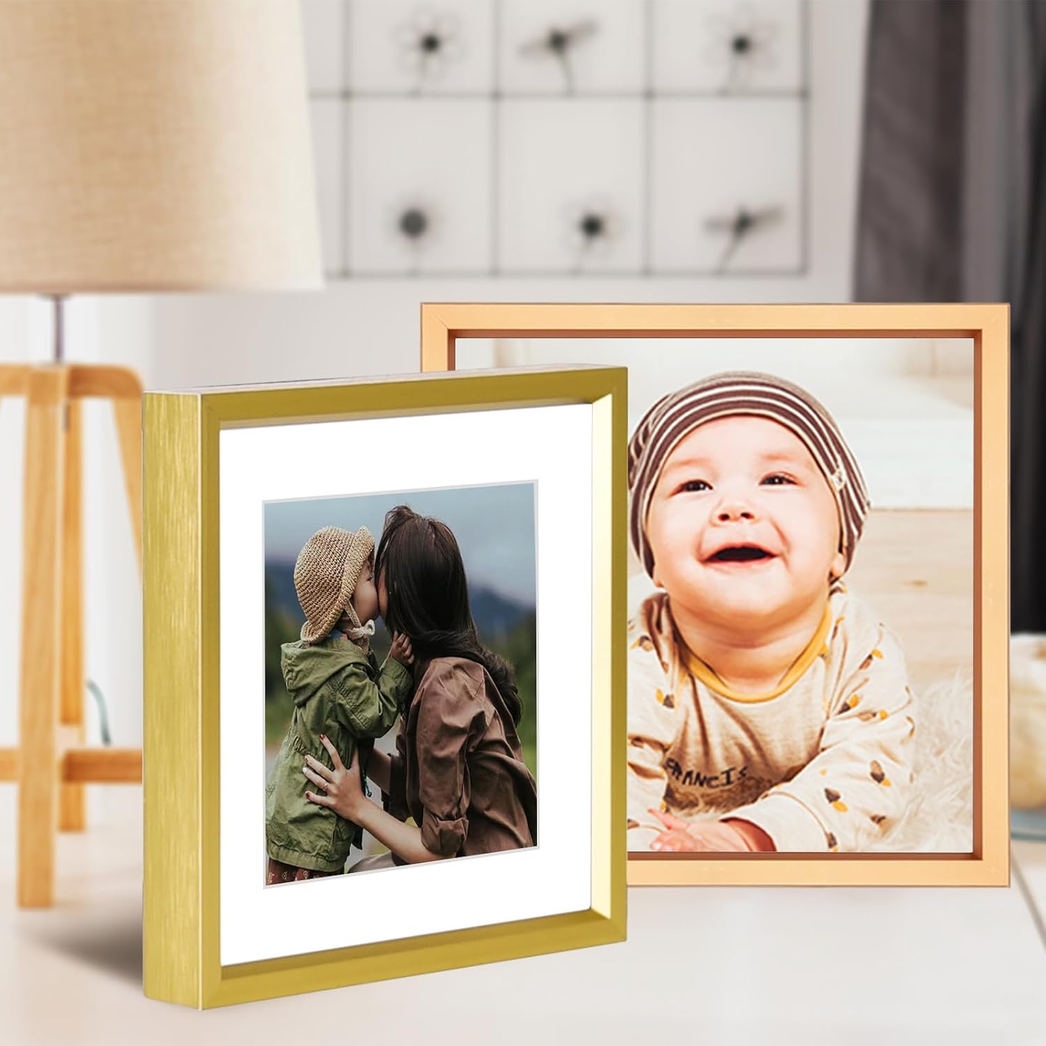 BKABOT 4x4 Brass Metal Photo frames 3 Pack HD Glass Mat 3x3 Wall Table | Brushed aluminum Picture frames,removable