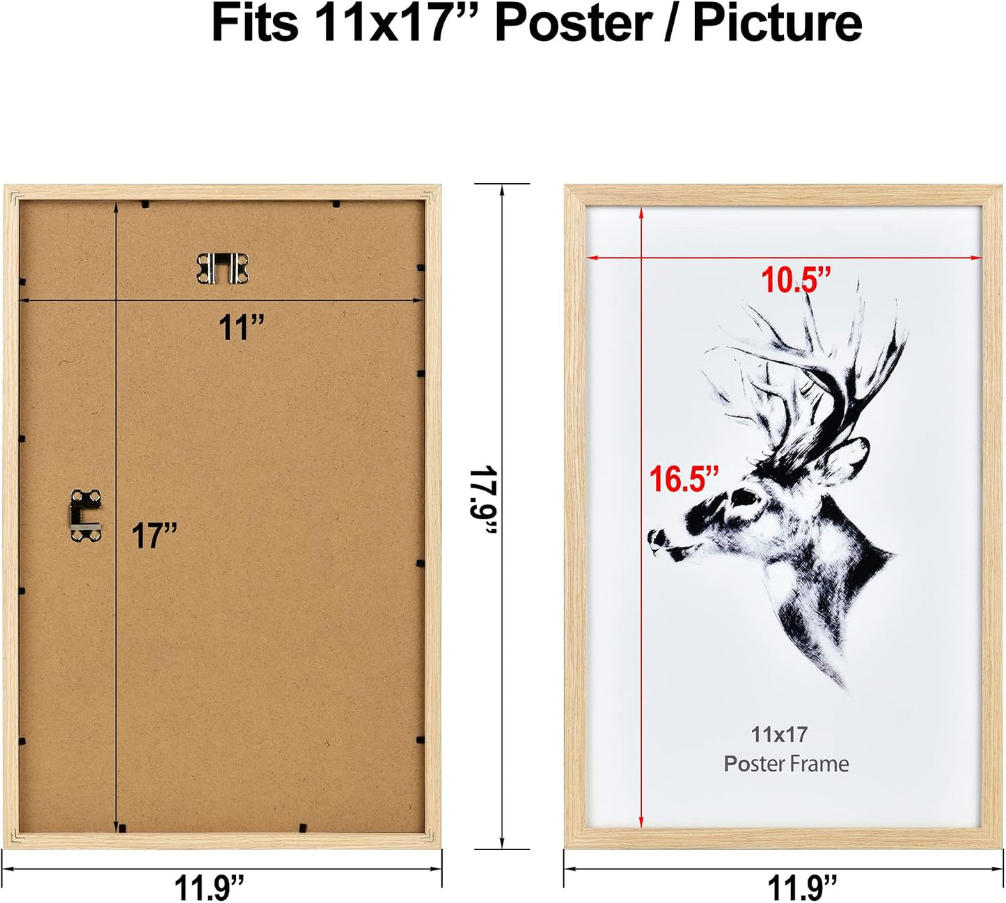 Yaetm 11x17 Wood Picture Frames Set of 4, Natural Solid Oak Wood Frame 11x17 for Poster and Wall Gallery, Wall Mount (4