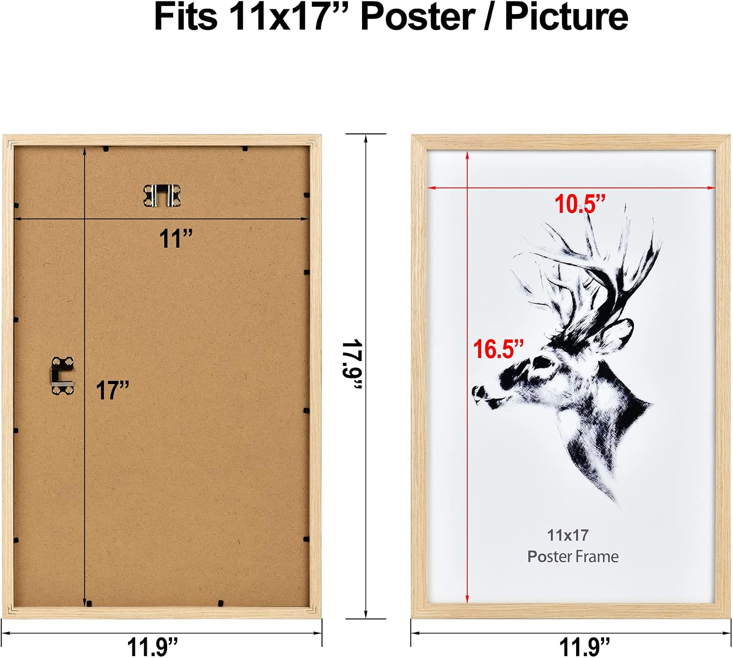 Yaetm 11x17 Wood Picture Frames Set of 4, Natural Solid Oak Wood Frame 11x17 for Poster and Wall Gallery, Wall Mount (4