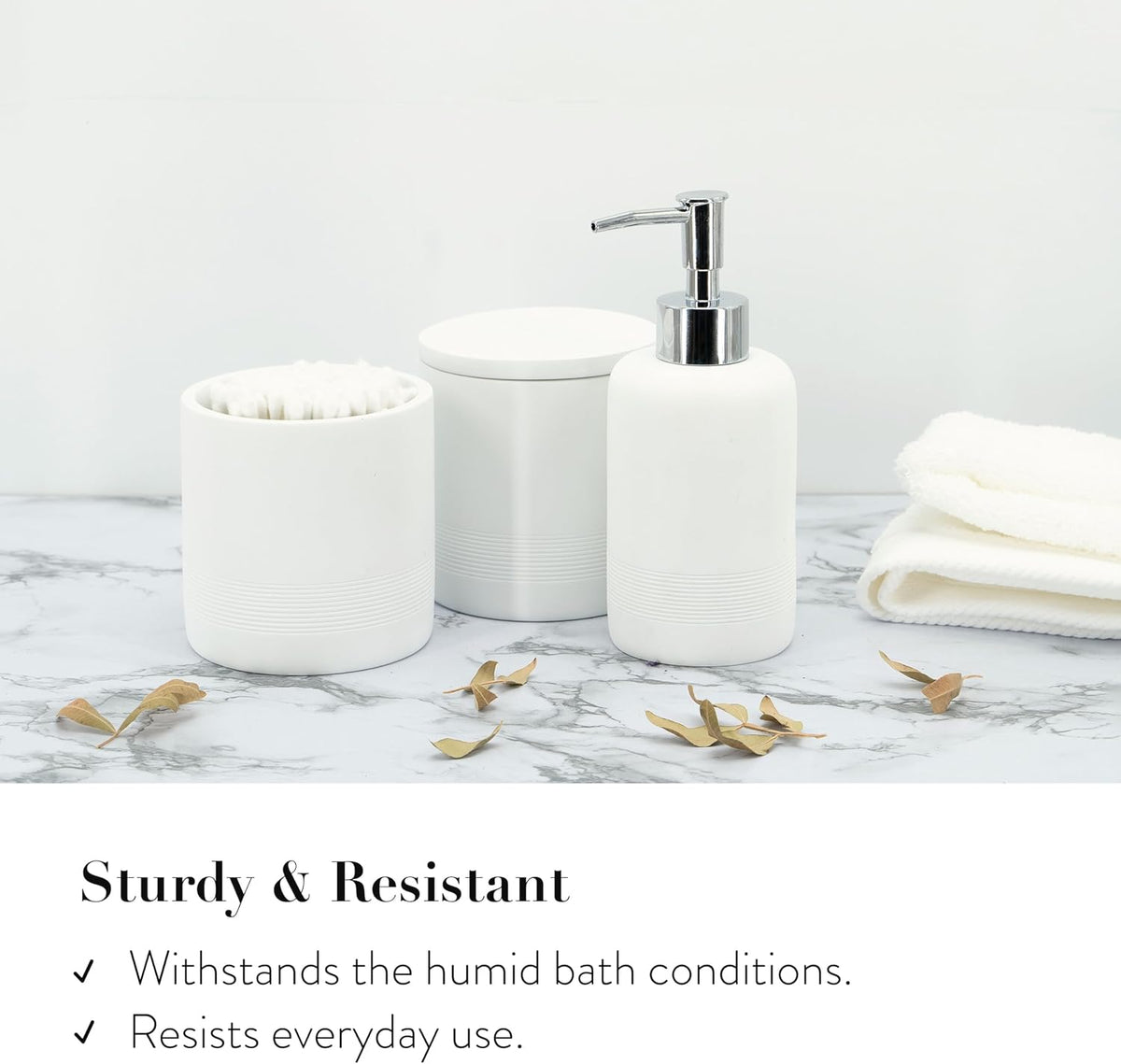 White Bathroom Accessories Set 6 Pieces - Toothbrush Holder, Lotion Dispenser, Qtip Container, Vanity Tray, Tumbler