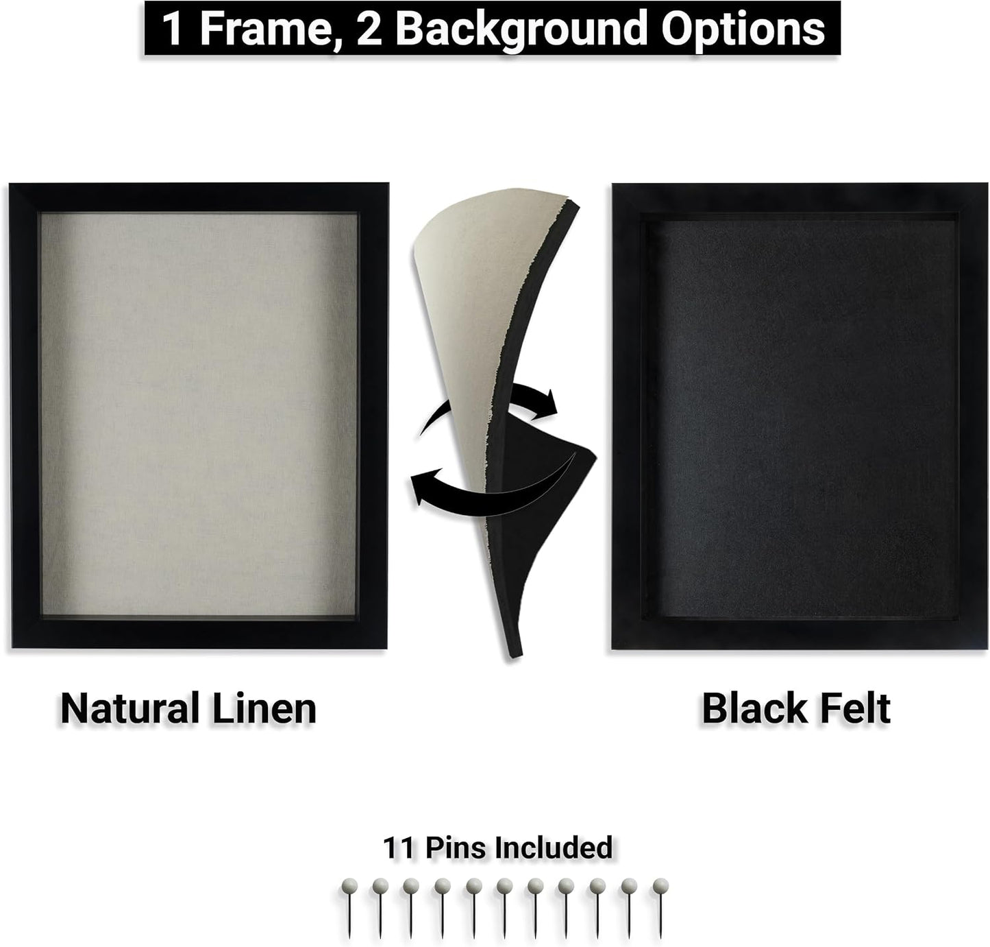 Large Shadow Box, Thick Black Frame | 2 Background Options, Black Felt or Natural Linen | 13x16 ext. Size, fit Photos