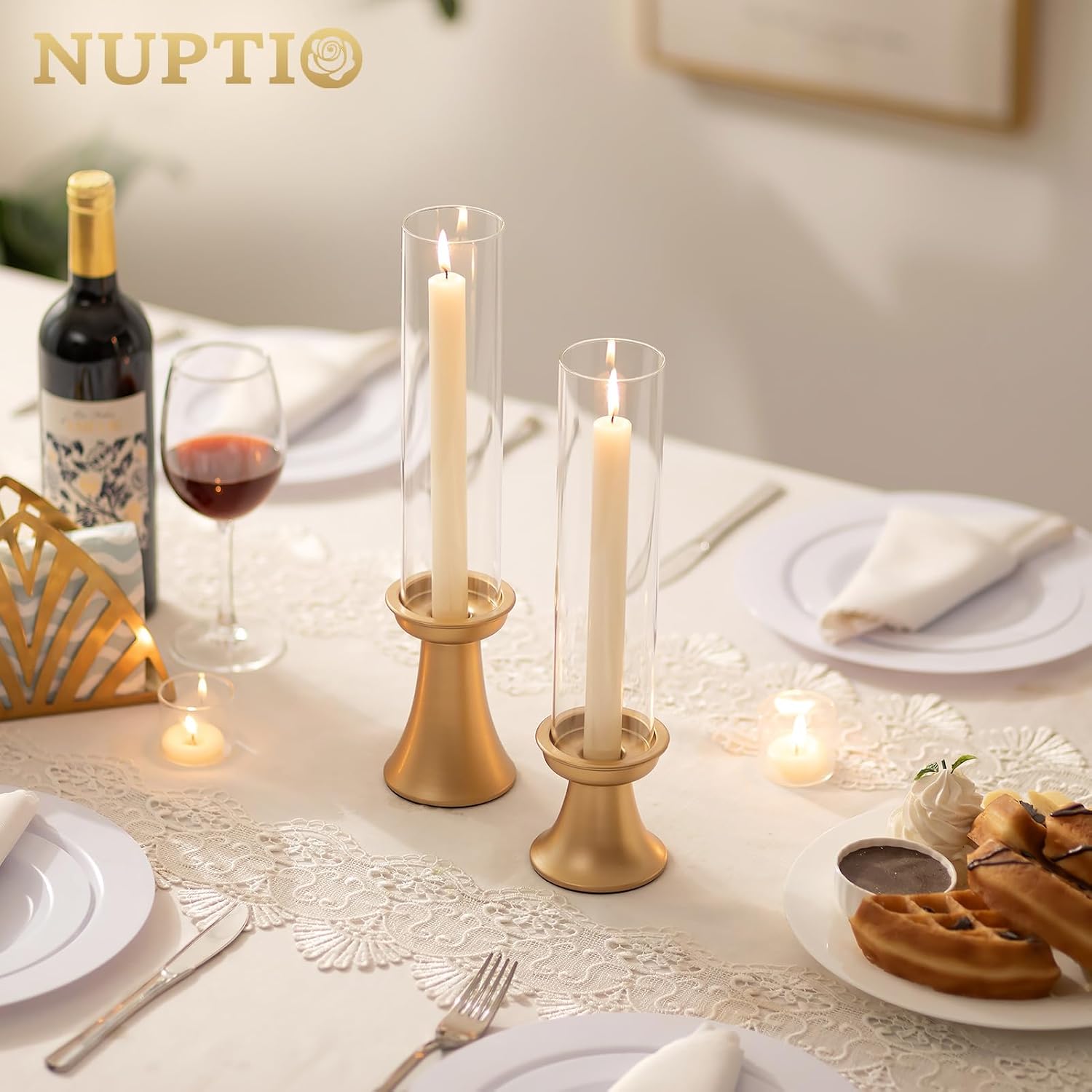 NUPTIO Gold Candlestick Holder for Centerpiece: Set of 6 Hurricane Taper Candle Holders with Glass Cylinder Sleeve