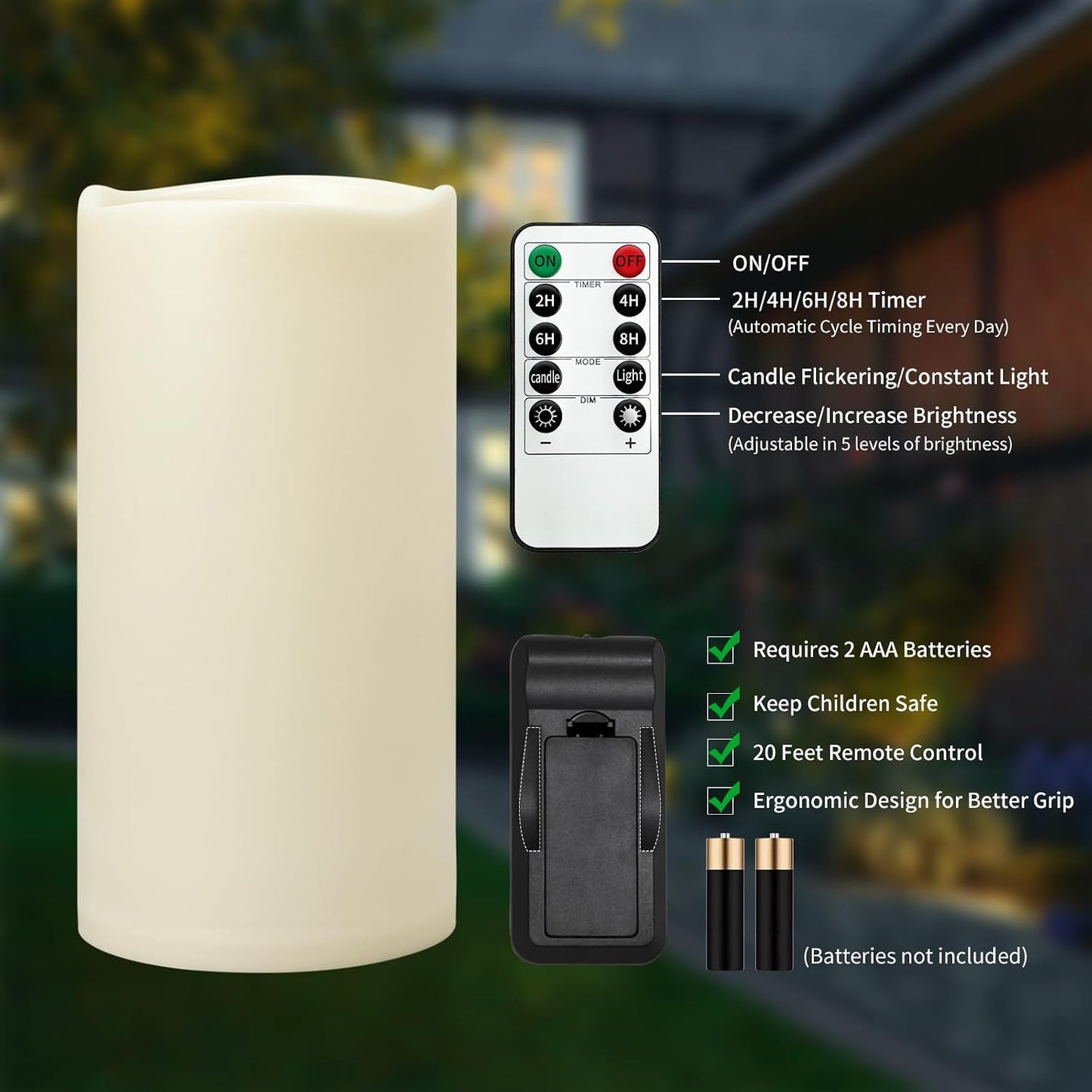 Outdoor Flameless Candles 6" x 12" Large Battery-Operated Candles Set of 2 | LED Flickering Pillar Candles, Waterproof