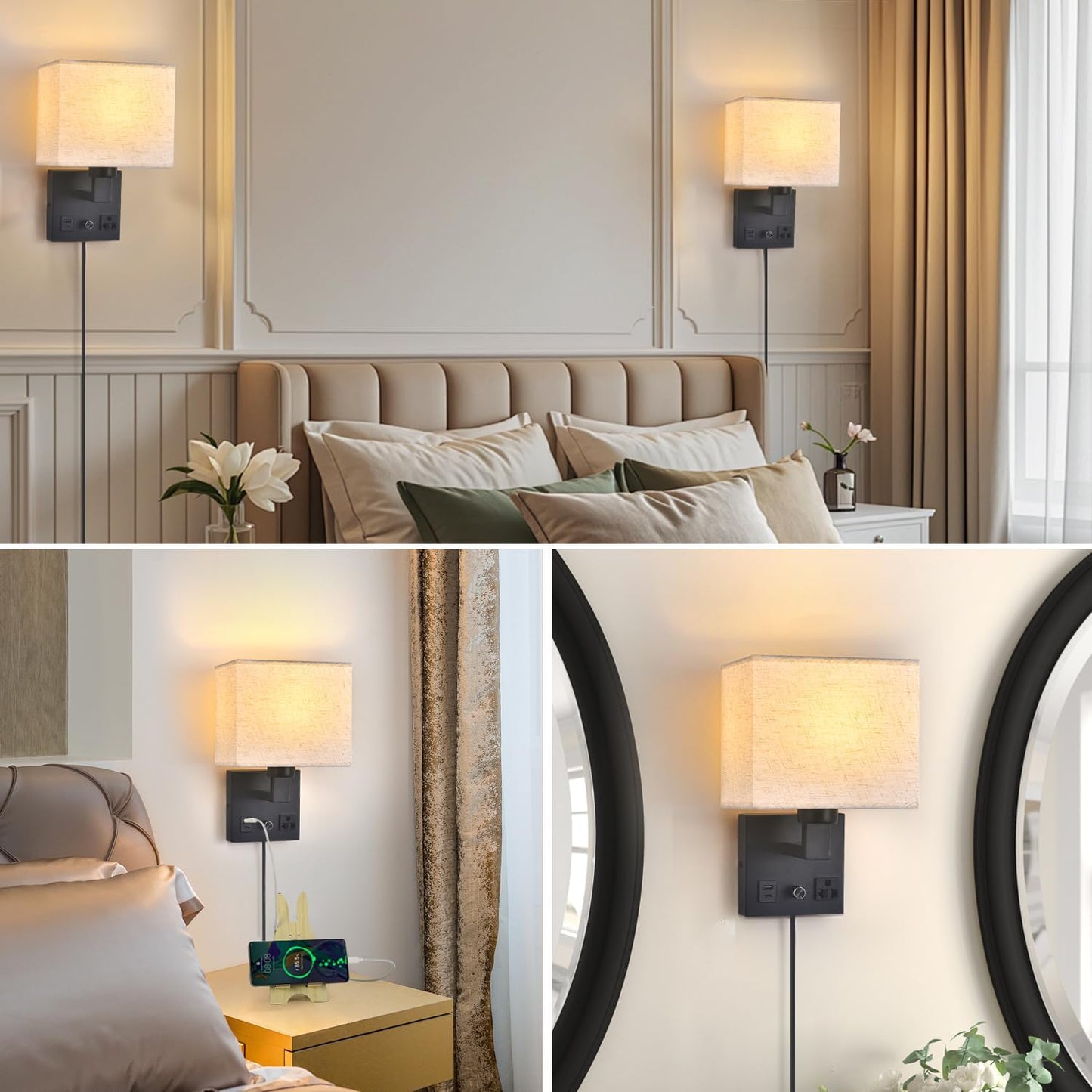 Bedside Wall Lamp for Bedroom, Plug in Wall Sconce - Dimmable Switch with AC Outlet & USB Charging Port, Fabric Shade