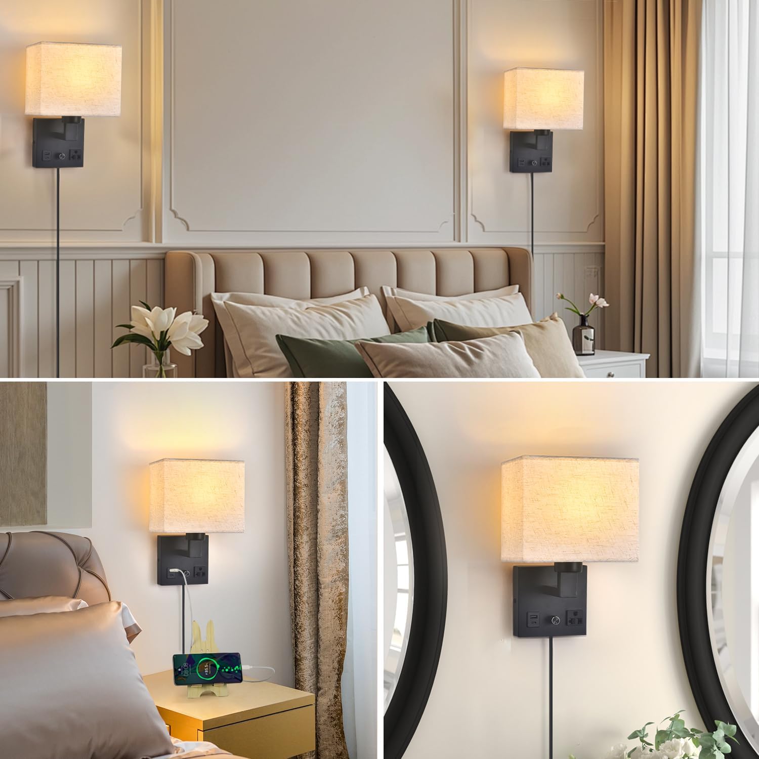 Bedside Wall Lamp for Bedroom, Plug in Wall Sconce - Dimmable Switch with AC Outlet & USB Charging Port, Fabric Shade