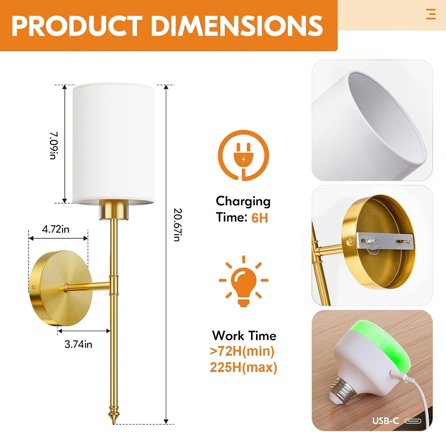 20.67 inch Battery Operated Wall Sconce Set of 2, Gold Rechargeable Wall Lights with 10400mAh Dimmable Bulbs and