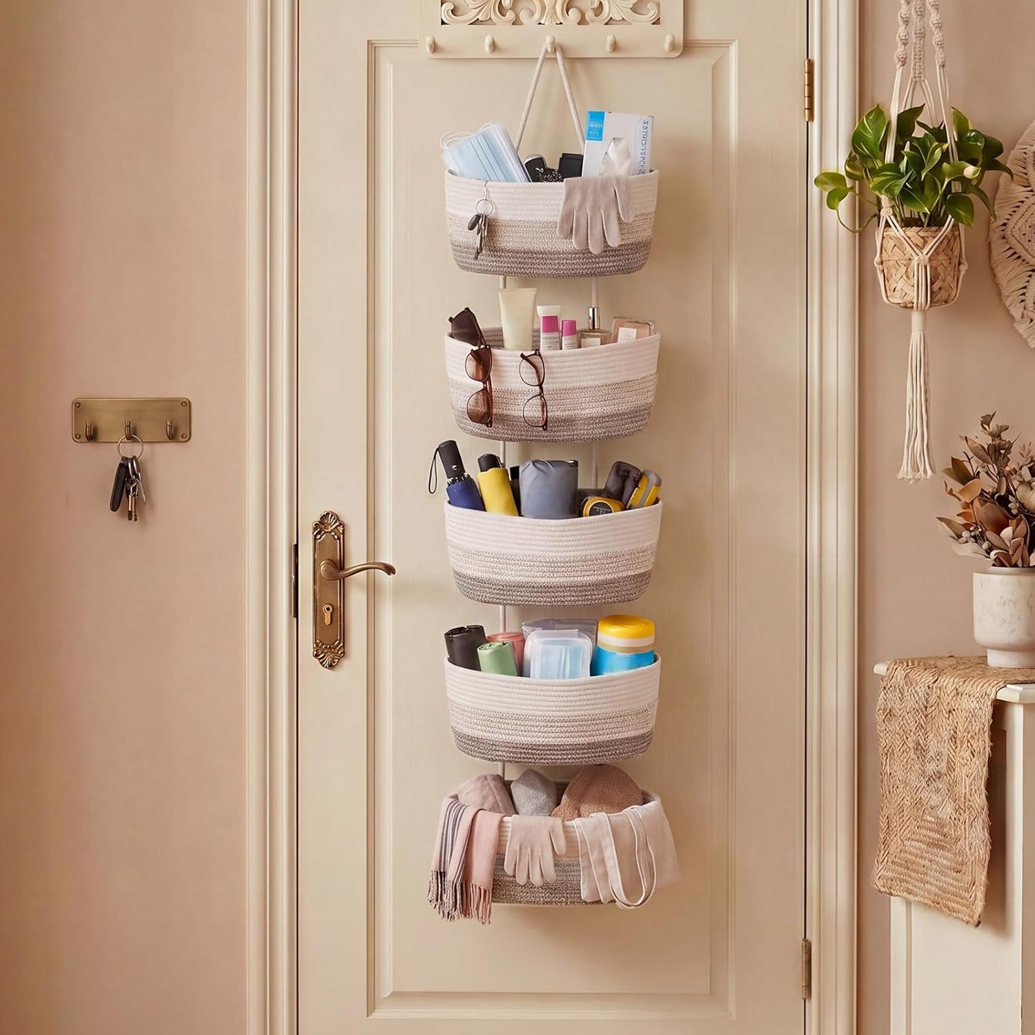 5 Tier Over The Door Hanging Basket Boho Woven Cotton Wall Mounted Storage Organizer Bag / Brown