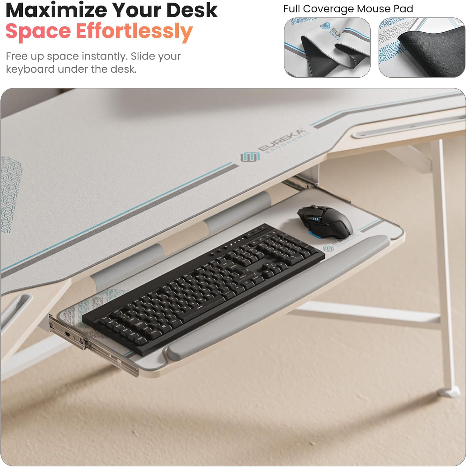 EUREKA ERGONOMIC Gaming Desk Wing Shaped Keyboard Tray 72 Inch Maple | LED monitor stand with dual headphone hooks and