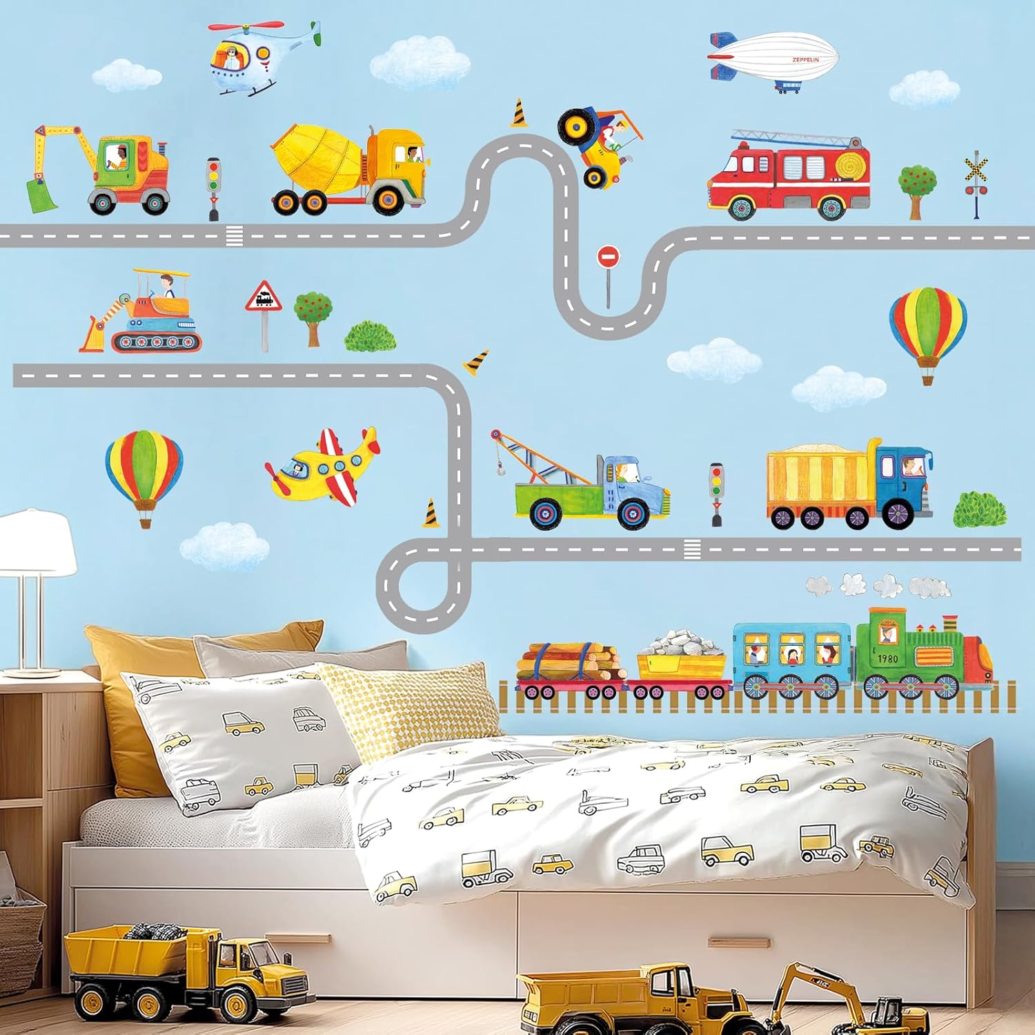 SG2-2107 Wall Decals Car Truck Tractor Road Stickers for Kids Boys / Construction Transportation