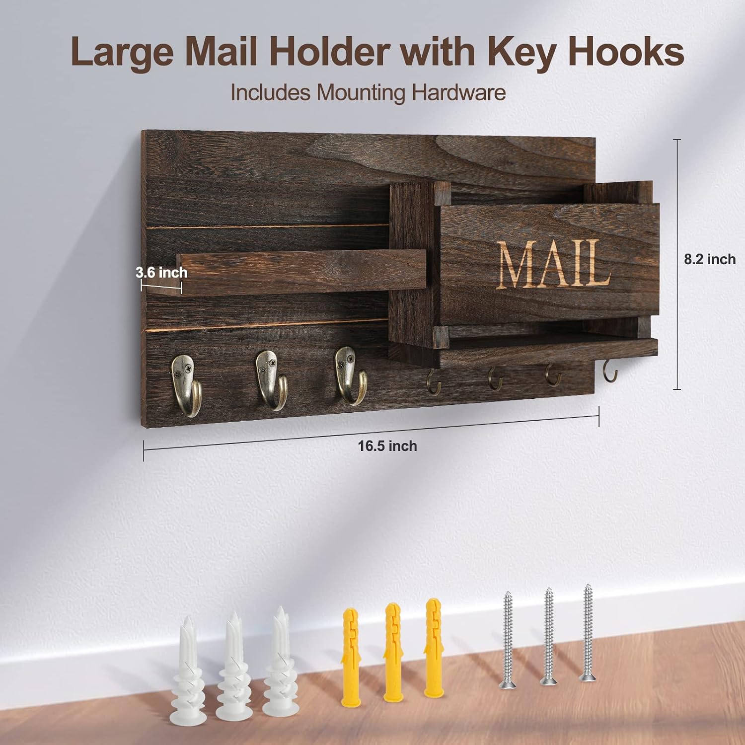 Shelf Includes Letter Holder and Hooks for Hallway Farmhouse / Brown