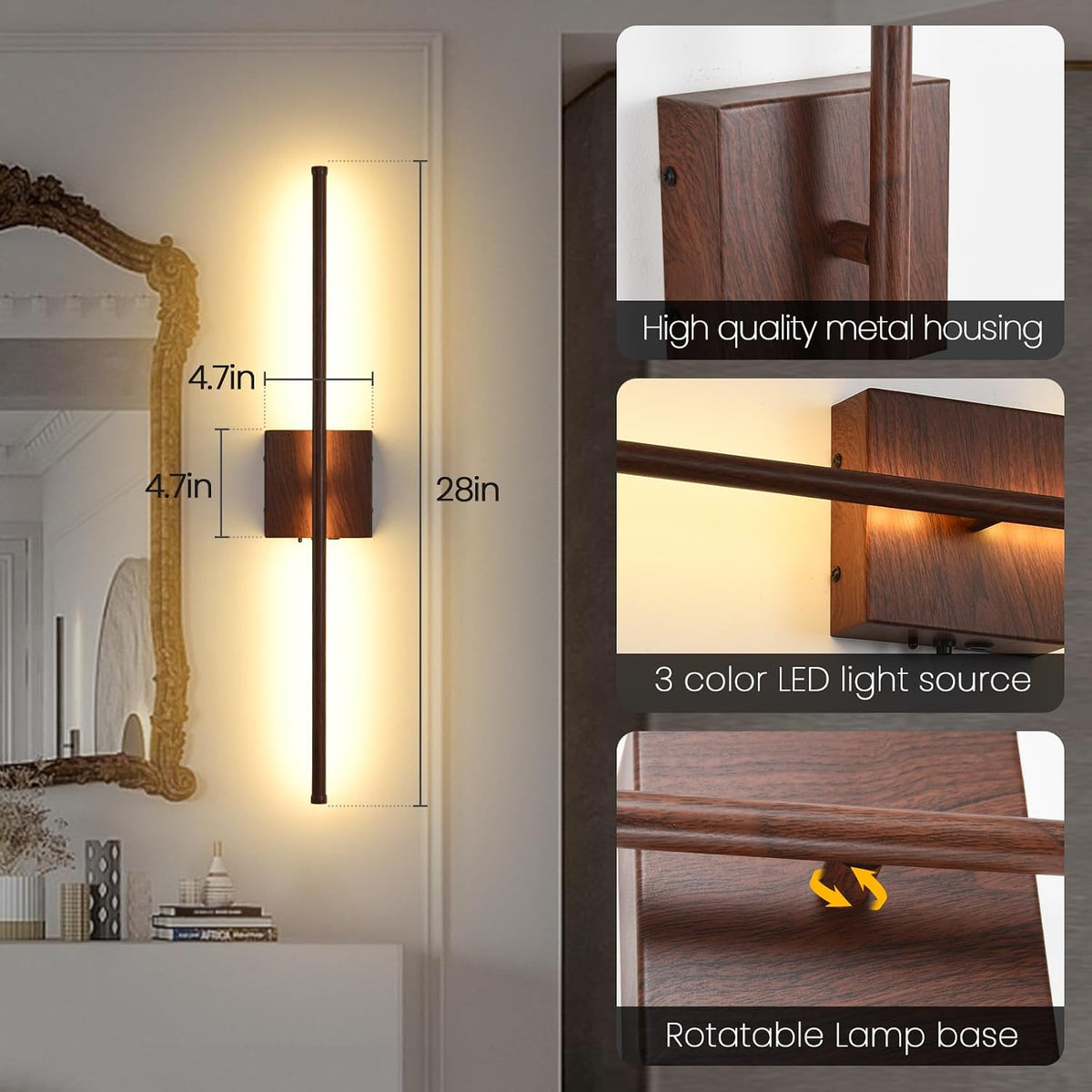 Rechargeable Battery Operated Wall Sconces, 11000mAh Faux Walnut Finish Wall Lights with Remote Control, 350°Rotate