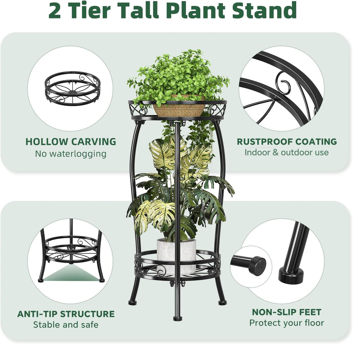 Simple Trending Plant Stand Indoor Outdoor, Tall Round Plant Shelf, 2 Tiers Metal Flower Pot Holder Stand Heavy Duty